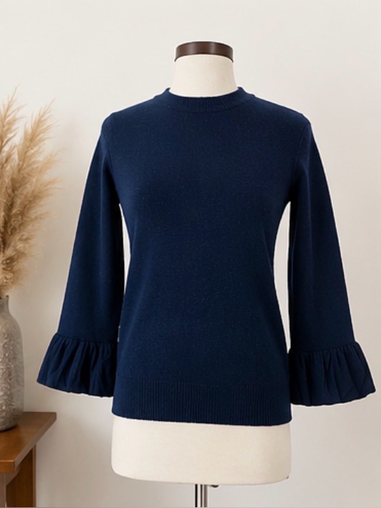 Vince Navy Ruffle Sleeve Crewneck Sweater